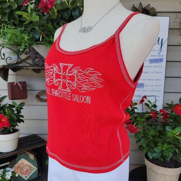 V-TWIN ♡ Red|Silver Mini Studded Embellished Bling FULL THROTTLE SALOON Tank L - Picture 4 of 14